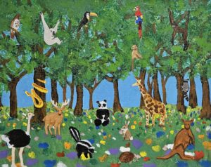 custom canvas art created by ixpress artist that shows many different animals in a forest of trees and colorful flowers. 