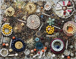 custom canvas art created by ixpress artist with the use of beads, trinkets, buttons, and pearls to add texture to this piece of art.