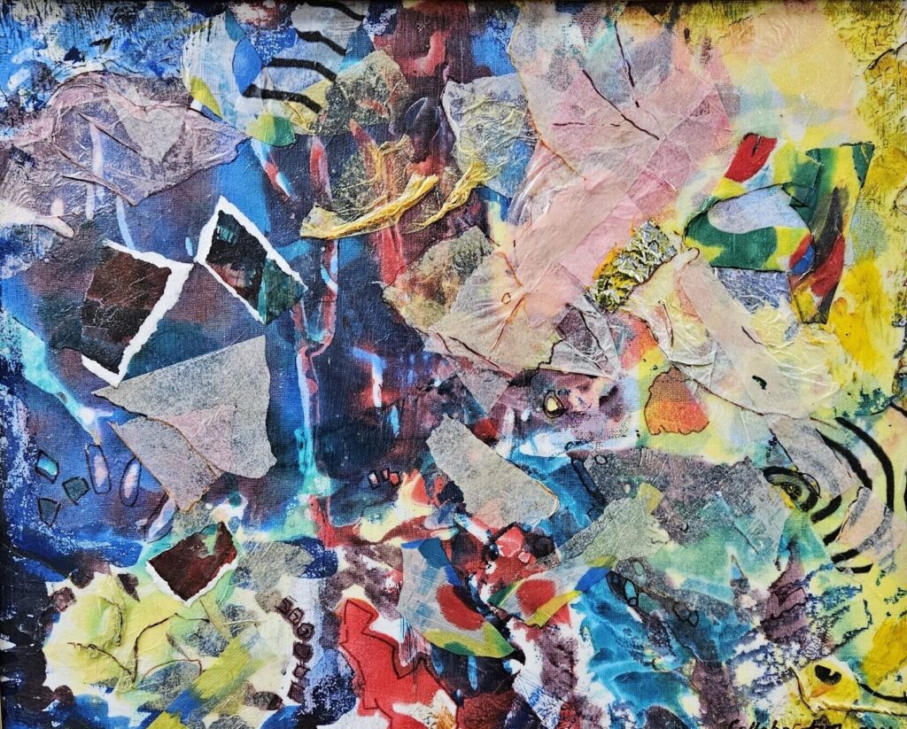 custom canvas art created by ixpress artist with various colors and pieces of paper glued to the canvas