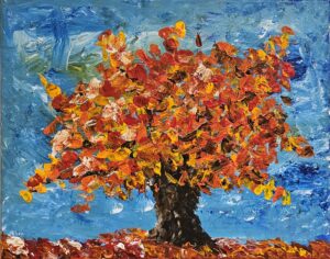 custom canvas art created by ixpress artist depicting autumn leaves on a tree, while also covering the ground beneath it.